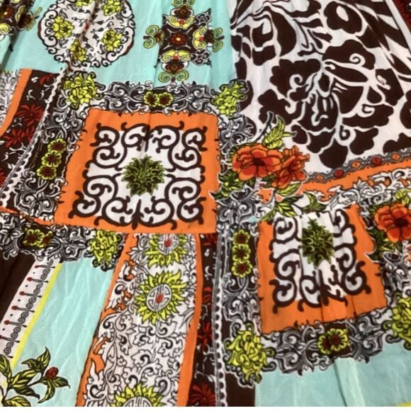 Lily A-Line Strap Brown Orange & Teal Patchwork Summer Midi Dress Size Large - Picture 5 of 11